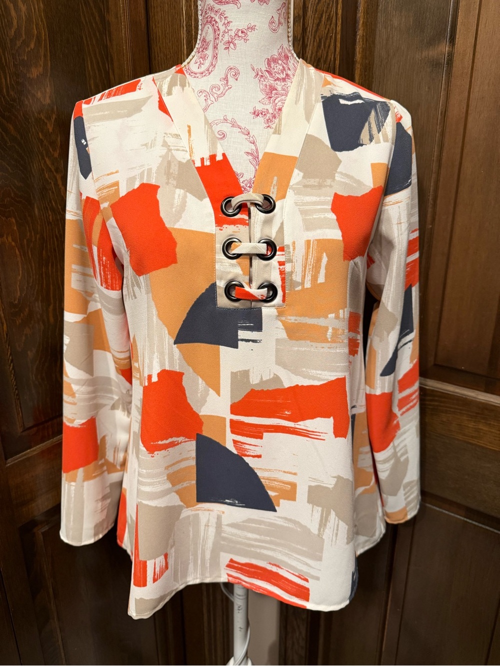 Alfani Abstract Lace-Up V-Neck Tunic - Orange, Navy, Beige